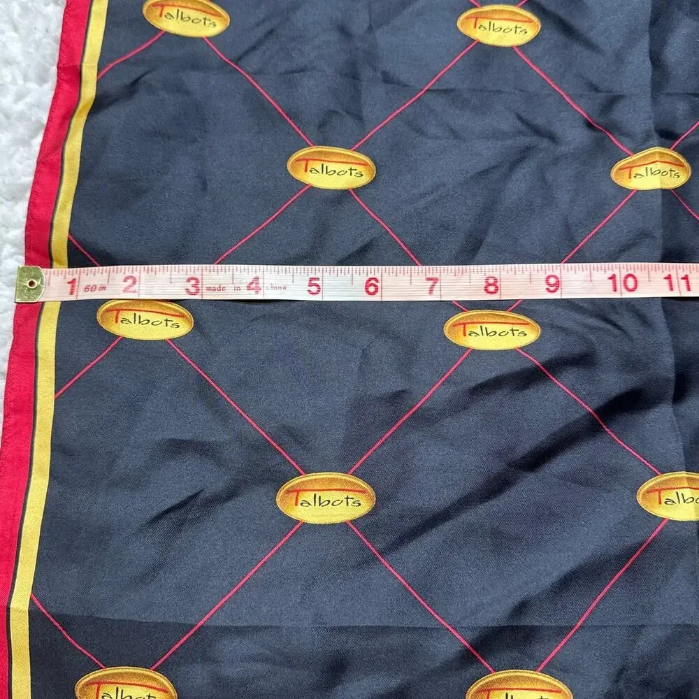 Vintage Talbots 100% Silk Black Square Head Scarf Red Gold Yellow Classy Graphic
